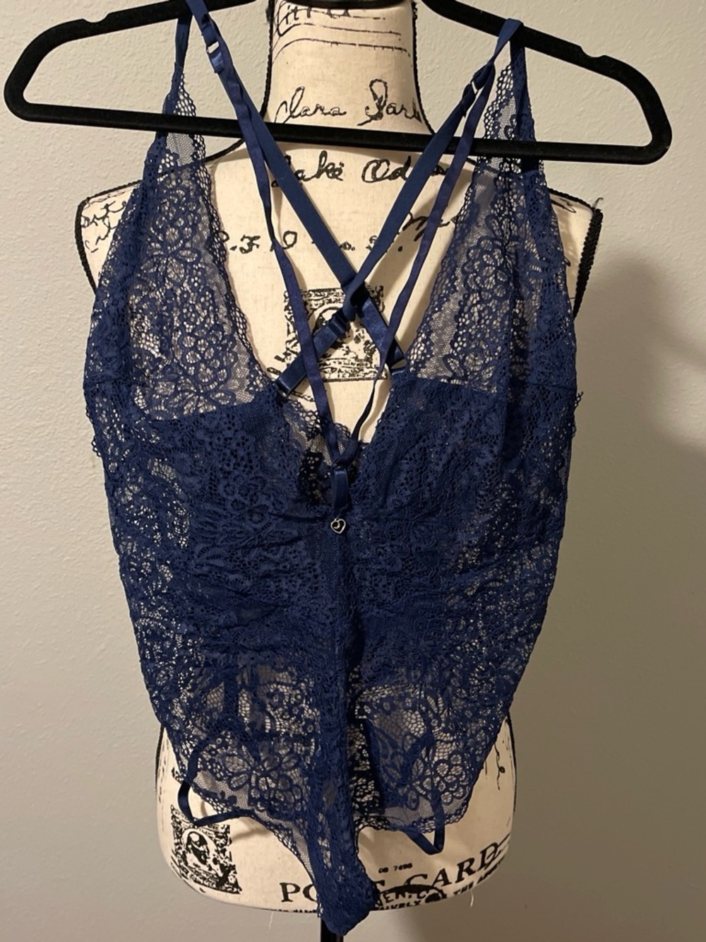 Lace Strappy V-Neck Bodysuit - Navy